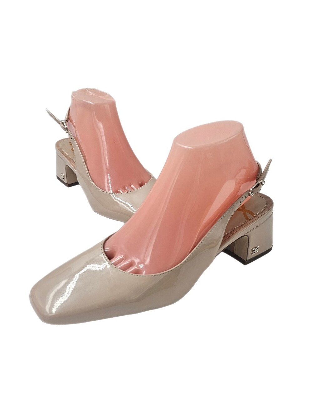 Sam Edelman Terra Patent Leather Slingback Block Heel Pumps Taupe Nude 7.5 NWOB!